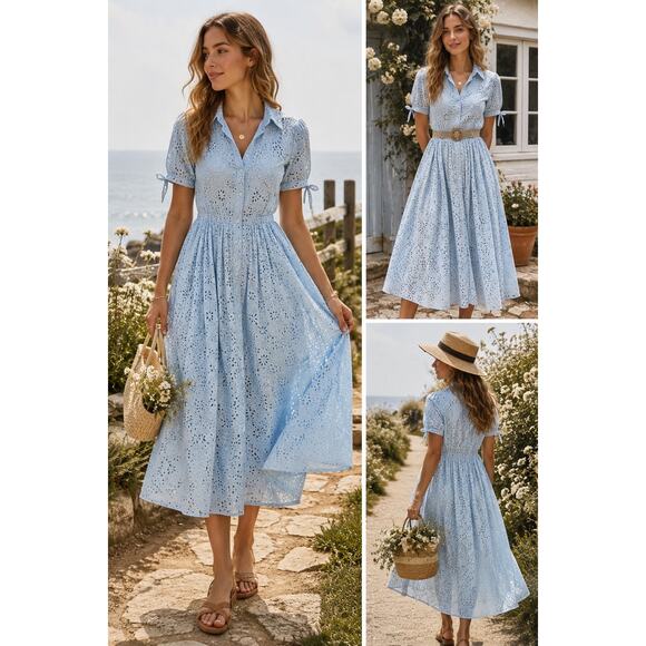 J. Crew Dresses & Skirts - J.Crew Re-Imagined Blue Eyelet Midi Maxi Dress Button Front Cottagecore Coastal